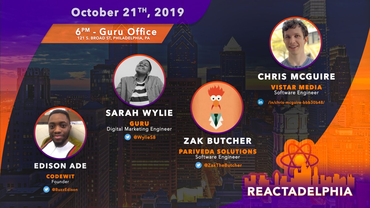 reactadelphia's tweet photo. Big night tonight at #Reactadelphia with talks from @buzzedison @WylieS8 @ZakTheButcher and Chris McGuire. RSVP on our Meetup page and we hope to see you there 🚀 https://t.co/s7ORibRwWm https://t.co/7aLlOz6tjW