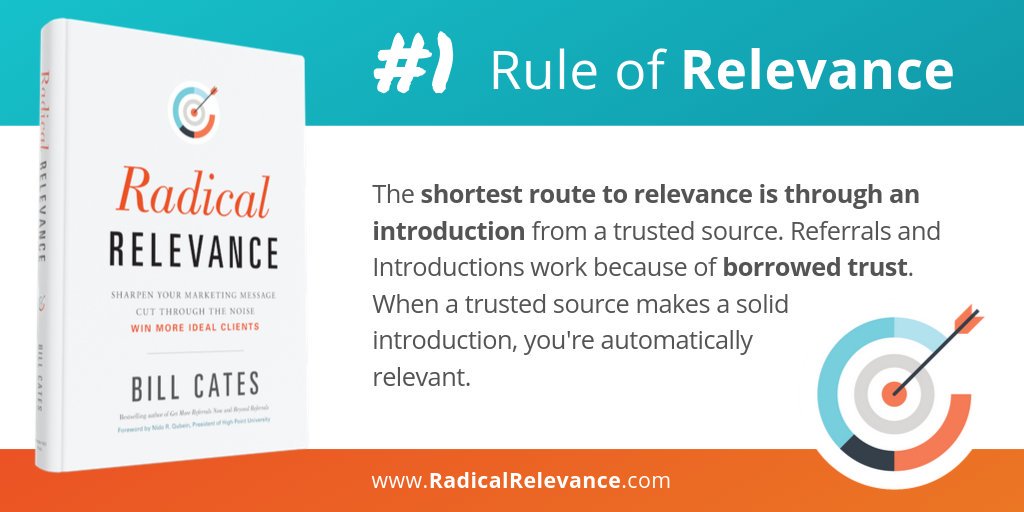 Bill_Cates's tweet photo. The shortest route to relevance is through an introduction from a trusted source. Be Relevant or Be Ignored.
Learn more about my new book - COMING SOON: https://t.co/aIUaoeYcQq
#RadicalRelevance #ValueProposition #ElevatorPitch https://t.co/Sc1bVqpidt