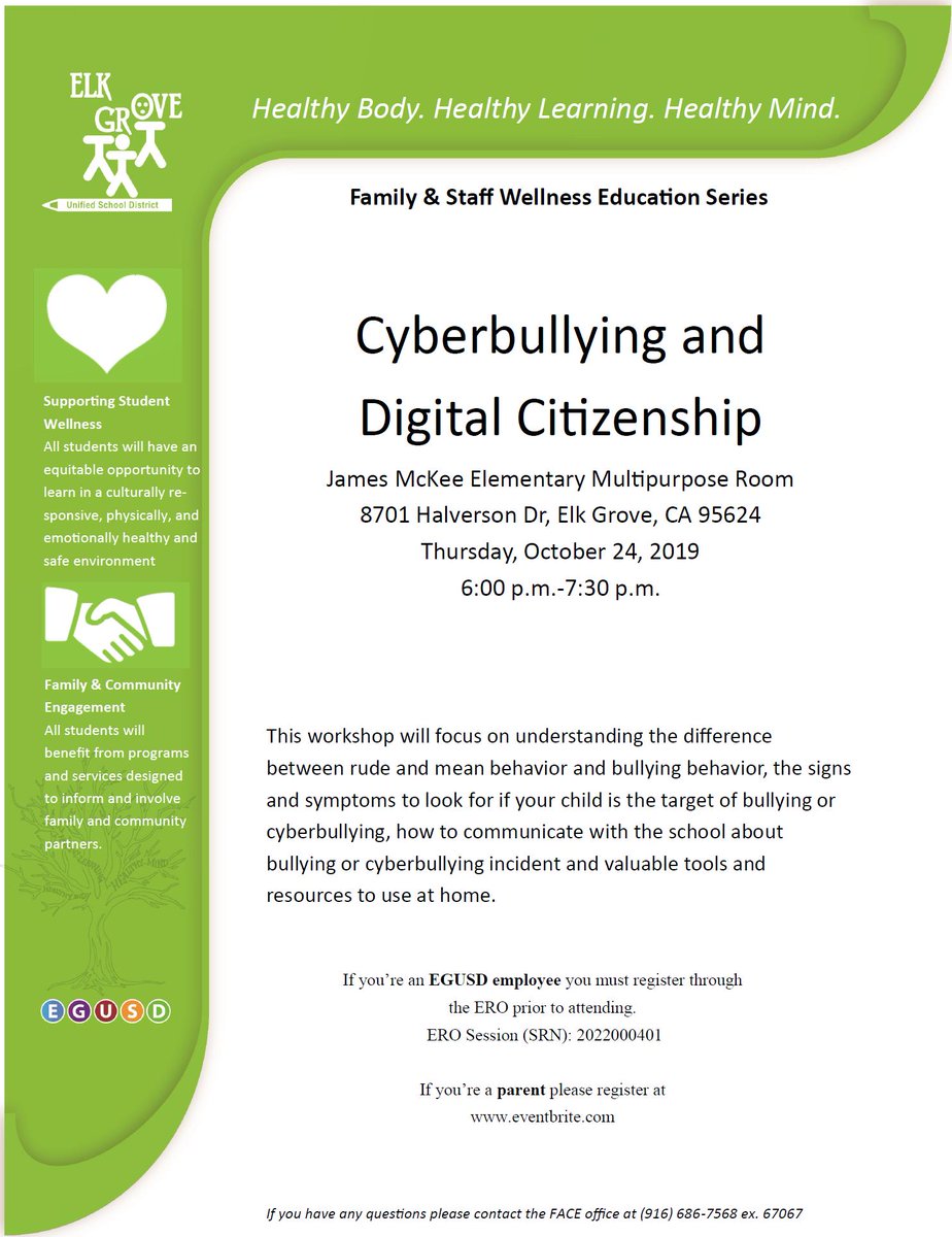 SunriseElem's tweet photo. Families, this is a great opportunity for adults to learn about bullying and teaching students about being a positive digital users. Please join us on Thurs., October 24th and register for this informative workshop. https://t.co/UVZF3VlCsv