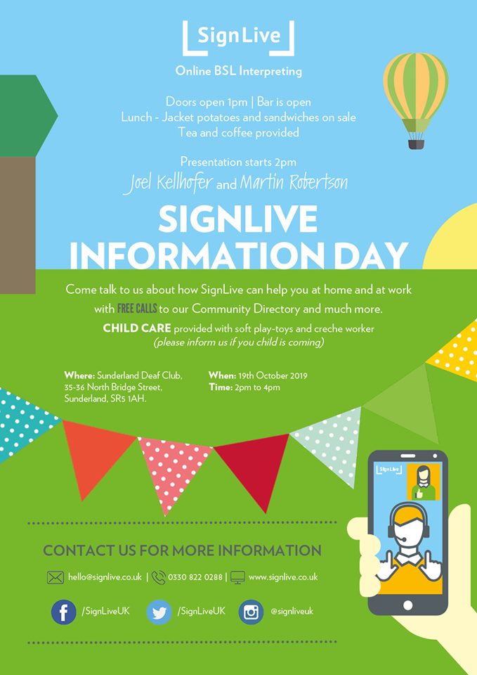 MrTomSBell's tweet image. Hello Sunderland!

As part of our UK tour, we will be at Sunderland Deaf Society Deaf Club this Saturday. Come join us and learn about how SignLive can help you at home and at work.

We look forward to meeting you there!
#VRS #VRI #CommunityDirectory #DeafBSLHome #DeafBSLWork