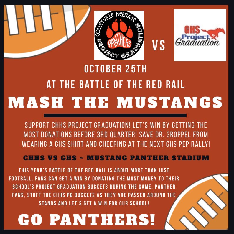 chhssenior2022's tweet photo. Battle of the Red Rail is coming! Which school can collect the most $ for PG? The principal of the school with the least donations will attend the winning school’s pep rally in their spirit wear and cheer their chant. #saveDrG #chpantherpride @CHHS_principal @CHPantherCheer https://t.co/0RYatKkxqP