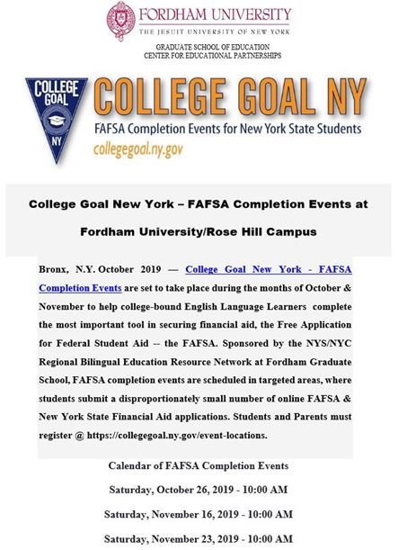 GSECEP's tweet photo. Spread the word: Fordham GSE is hosting FAFSA completion events in October and November! Click the link to register: https://t.co/rGf1MoGNav
#fafsa #financialaid #collegebound #ELLs #NYedu #collegegoal #fordhamgse #rosehill #gse #students #parents https://t.co/dSf3VRCi1v