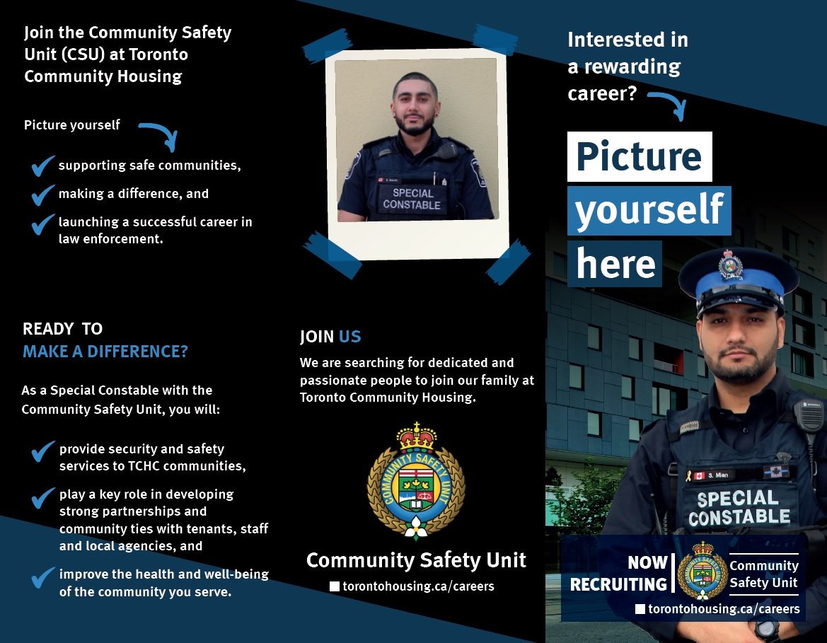 Are you interested in a career in law enforcement? Apply to become a Special Constable on our Community Safety Unit! You'll be part of a dynamic team that provides 24 hour, 7-day-a-week security and safety services to #TCHC communities! Apply today at bit.ly/2IB3vKq