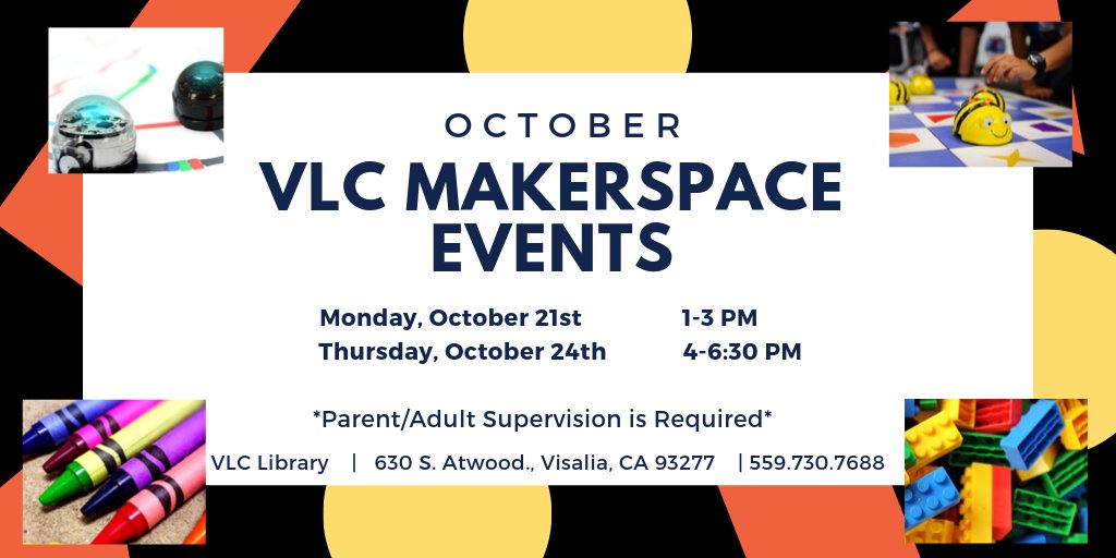 vusdlibraries's tweet photo. VLC Makerspace Events are back! Bring the kids to explore, create and innovate with Ozobots, BeeBots, Legos and more! Monday 10/21 from 1-3 PM & Thursday 10/24 from 4-6:30 PM. #VisaliaUSD #vusdlibraries https://t.co/T0rIIsM2U3