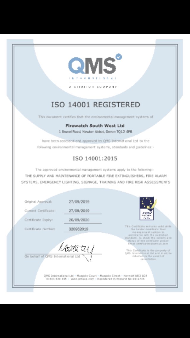 FirewatchSW's tweet image. We are now ISO 14001 at Firewatch South West Ltd.Thanks QMS for the help gaining the certification.