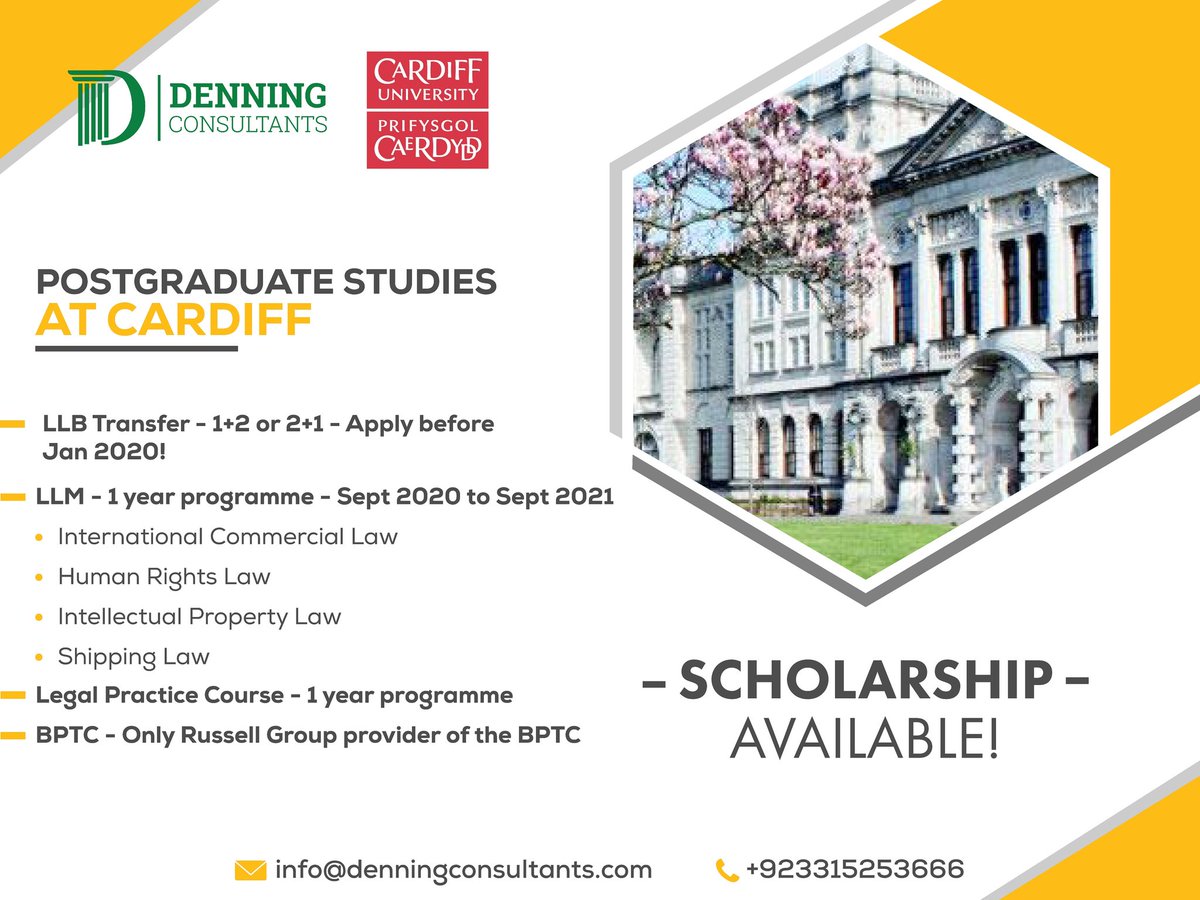 POSTGRADUATE STUDIES AT CARDIFF 

To know more:
- denningconsultants.com
- 0331-5253666 , info@denningconsultants.com

#Denningconsultants #DCo #educationalconsultants
#studyabroad #highereducation #cardiffuniversity
#LLB #LLM #legalpracticecourse #BPTC