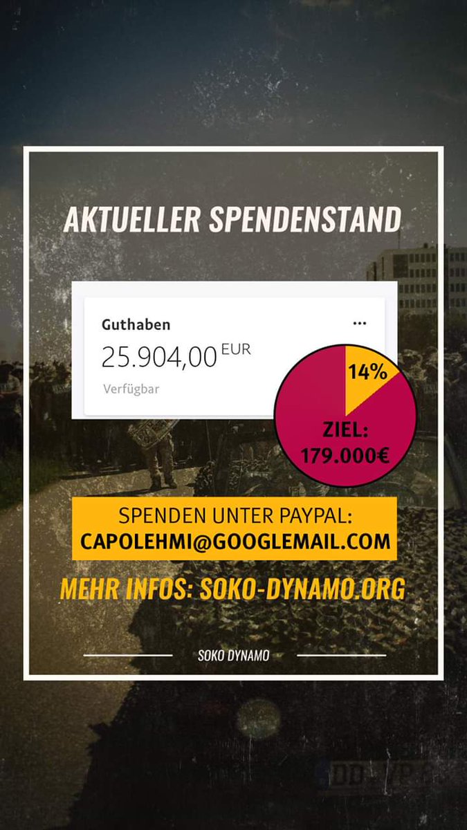 imHerzenvereint's tweet photo. Bitte teilt die Aktion unter Freunden, Bekannten und Arbeitskollegen. Wir brauchen JEDEN um das Gesamtziel zu erreichen!
Mehr Infos und Link zur Spenden-Aktion: https://t.co/P13Go3cZmN
#zusammenhalt #gemeintsindalle #sgd1953 #ultras #dynamo #kblock #dresden #fans #repression https://t.co/NNCBaIUYL8