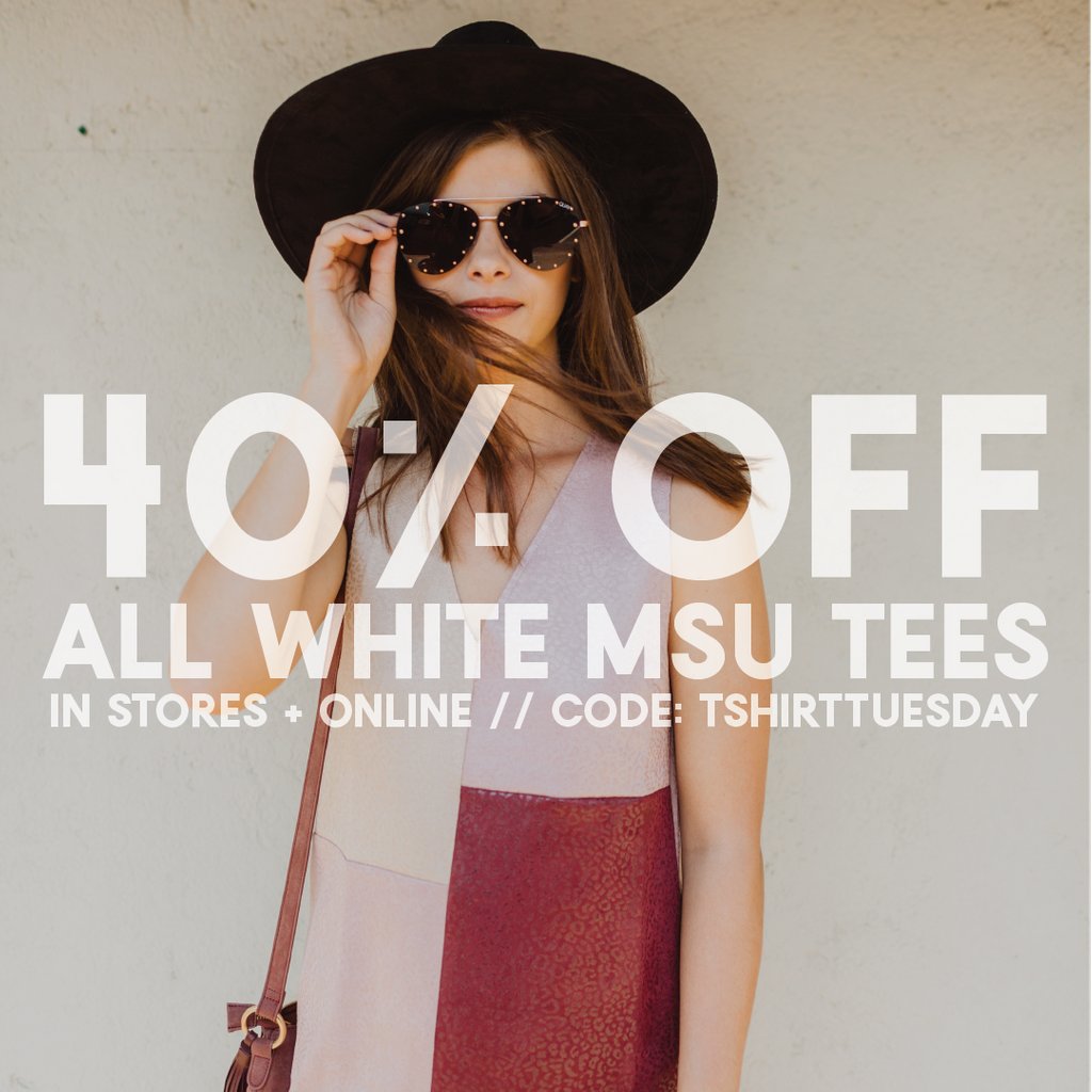 get 40% OFF all of our white + cream MSU tees TODAY ONLY!!! code: TSHIRTTUESDAY