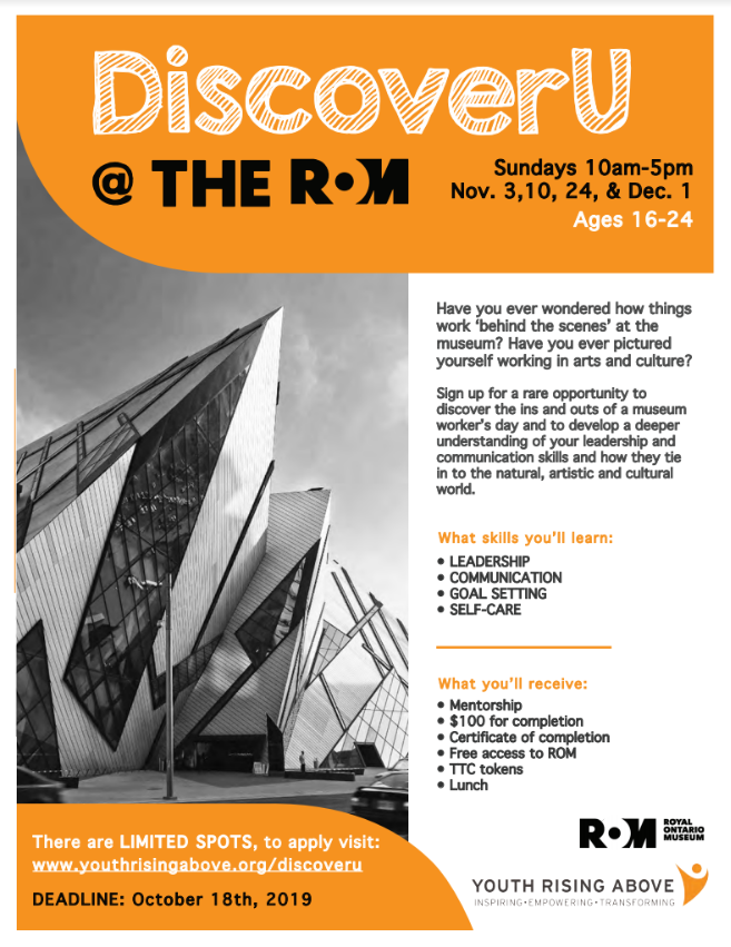 Have you ever wondered how things work behind the scenes at the museum? However, there is limited spots so please sign up by October 18th! 
To apply visit: youthrisingabove.org/discovery