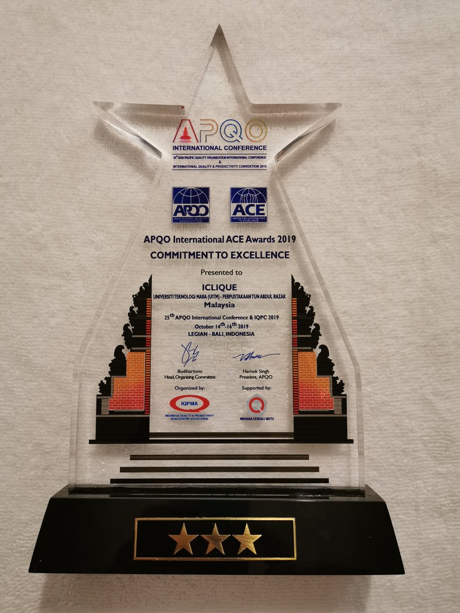 faizar's tweet photo. Tahniah & Syabas kpd KIK I-Clique dari PTAR UiTM meraih Anugerah Emas (Gold Award) 3 Bintang di APQO International ACE Team Awards Competition (Stars Award) 2019 di the Stones Hotel, Legian - Bali, Indonesia
apqc #apqc2019 #IQPC #iqpc2019 #APQOIC #apqo @transUiTM @VCUiTM https://t.co/0oE20QzxCw