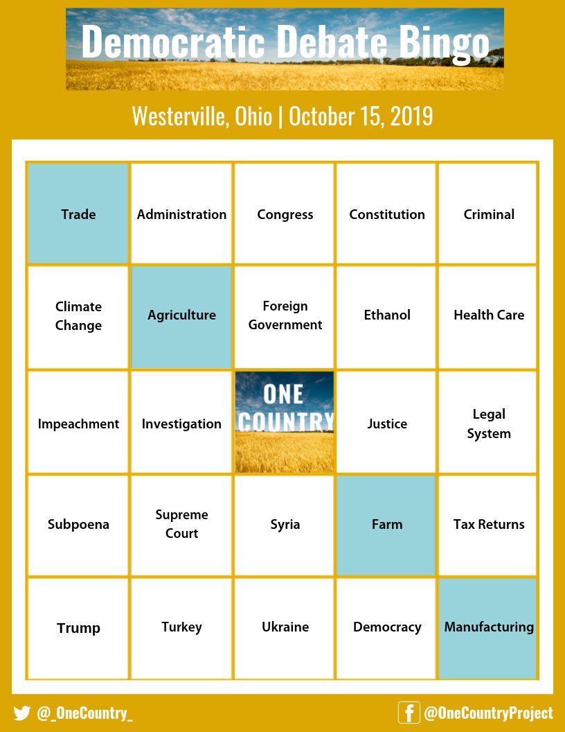 _OneCountry_'s tweet photo. Tonight’s the fourth #DemDebate and we have a new edition of our #OneCountryProject bingo board. Take a look and don’t forget to play along with us tonight! https://t.co/zAt0FyVUX8