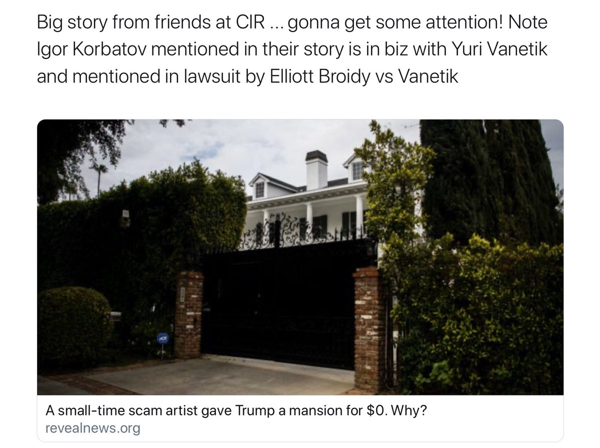 Before we get back to the crime scene, an aside. I just can not think of Kevin Hall anymore without thinking about this story he posted on how Trump bought a Hollywood mansion for $0.00.The most seriously underrated story of all? https://twitter.com/kevinghall/status/984506881648492545?s=21