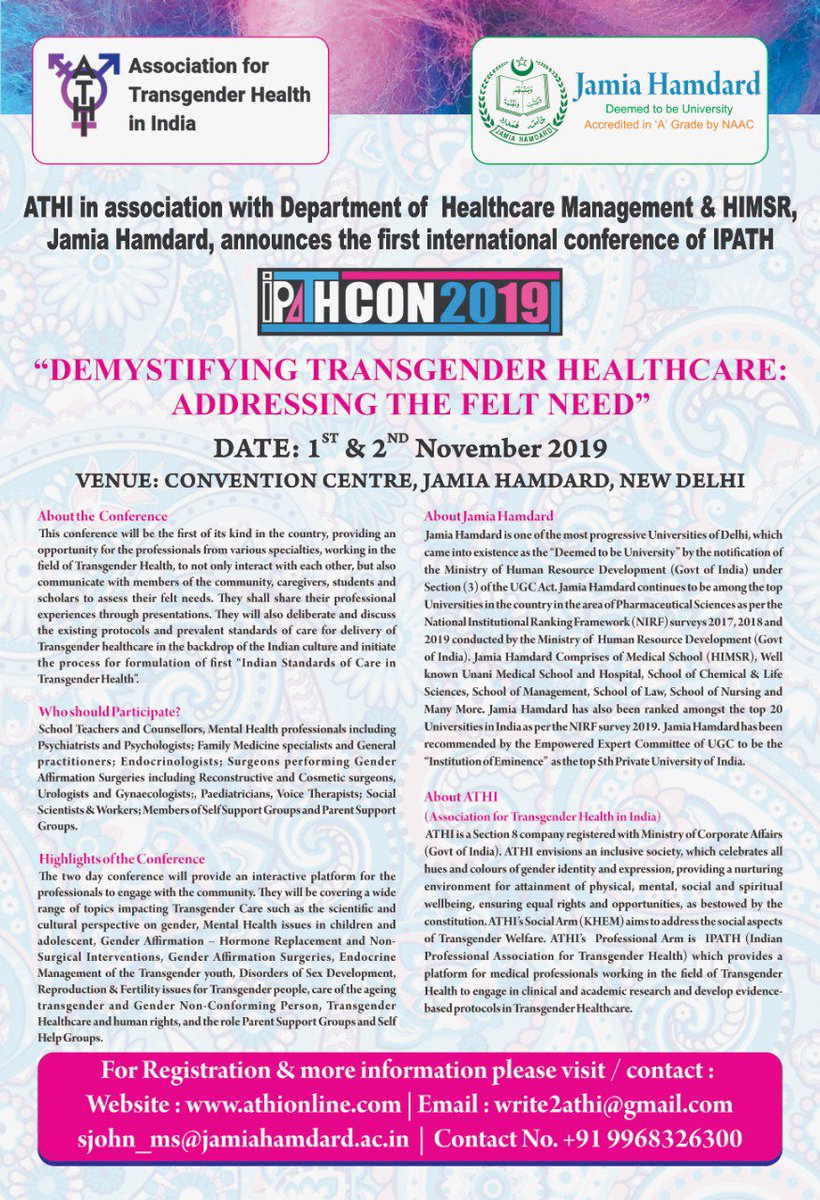 himsrtweets's tweet photo. #IPATHCON2019 
Join us in India's First Conference on Transgender Health. https://t.co/xzoLzpvibY