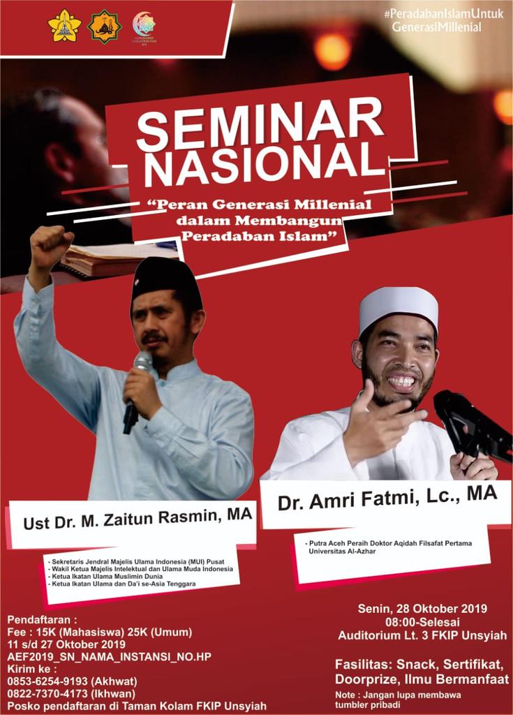 Sahabat mari hadir di rangkaian acara Almudarris Education Fair (AEF)2019 😊
Ada berbagai kegiatan dalam AEF tahun ini.  Diantaranya: Seminar Nasional, Festival Nasyid se Aceh, Lomba Dai Muda, Cerdas cermat agama dan banyak lagi. Ayo kunjungi posko pendaftarannya di Fkip Unsyiah.