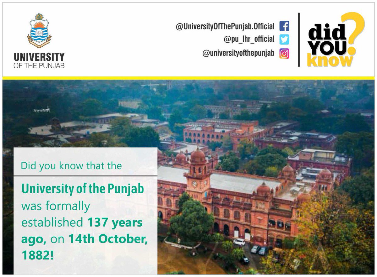 PU_OfficialPK's tweet photo. Did you know that University of the Punjab was formally established 137 years ago, on 14th October, 1882!

#FactsAboutPU https://t.co/utCpqfZTeg