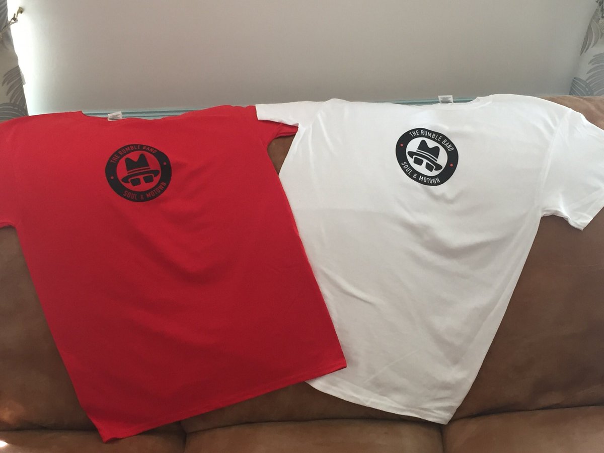 Rumble Band T Shirts available now. Red or White in M, L & XL. Only £12.50ea + £2.50 P&P To order, pls email info@rumbleband.com or message via Twitter or our Facebook page facebook.com/rumble.soul/