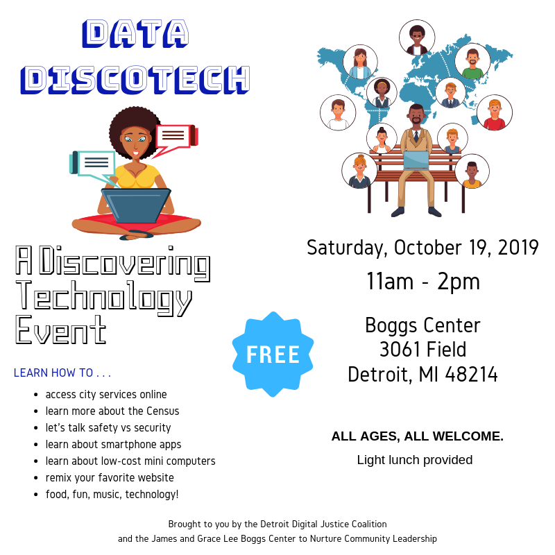 DetCommTech's tweet photo. We look forward to seeing you this Saturday, October 19th at 11am for a #DataDiscoTech at the @Boggs_Center
Refreshments provided. See attached flyer for details.
#DataJustice
#SurveillanceAintSafety https://t.co/2hAaUBUR7T