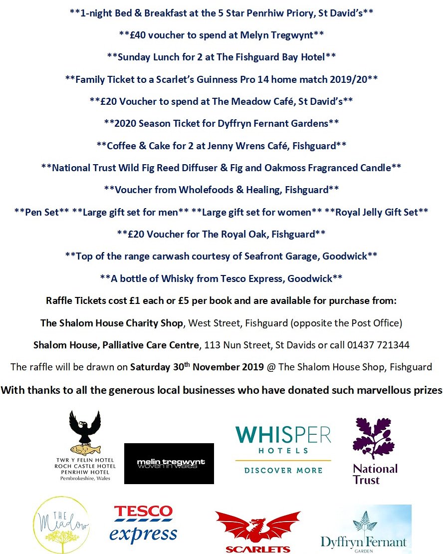 Shalom House (@shalomhouseorg) on Twitter photo Shalom House Autumn Raffle 2019 in aid of palliative care at Shalom House. Over 15 amazing prizes - see above. Thanks to <a href="/PenrhiwHotel/">Penrhiw Priory</a> <a href="/fishguardbay/">Fishguard Bay</a> <a href="/scarlets_rugby/">Scarlets Rugby</a> <a href="/NTWales/">Niaz Taj</a> <a href="/Tesco/">Tesco</a> #dyffrynfernant #themeadowpembs #jennywrensfishguard #wholefoodsandhealingfishguard
#seafrontgarage Shalom House Autumn Raffle 2019 in aid of palliative care at Shalom House. Over 15 amazing prizes - see above. Thanks to <a href="/PenrhiwHotel/">Penrhiw Priory</a> <a href="/fishguardbay/">Fishguard Bay</a> <a href="/scarlets_rugby/">Scarlets Rugby</a> <a href="/NTWales/">Niaz Taj</a> <a href="/Tesco/">Tesco</a> #dyffrynfernant #themeadowpembs #jennywrensfishguard #wholefoodsandhealingfishguard
#seafrontgarage