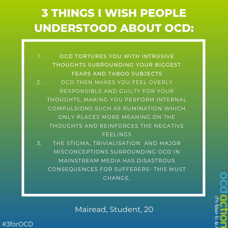 ocdaction's tweet photo. Here are 3 things that Mairead wants people to understand about OCD.

Share your own for #OCDWeek using #3forOCD and we will repost! https://t.co/Cx35lQlgjj