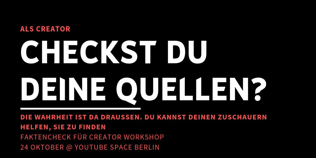 '#Fakenews sind allgegenwärtig. Nutze Deinen Einfluss als Creator. Triff bei uns im neuen #YouTubeSpaceBerlin Experten vom renommierten #PoynterInstitute in unserem Faktencheck-Workshop am 24. Oktober.
Hier geht es zu Anmeldung:
goo.gle/medialiteracyB…   '