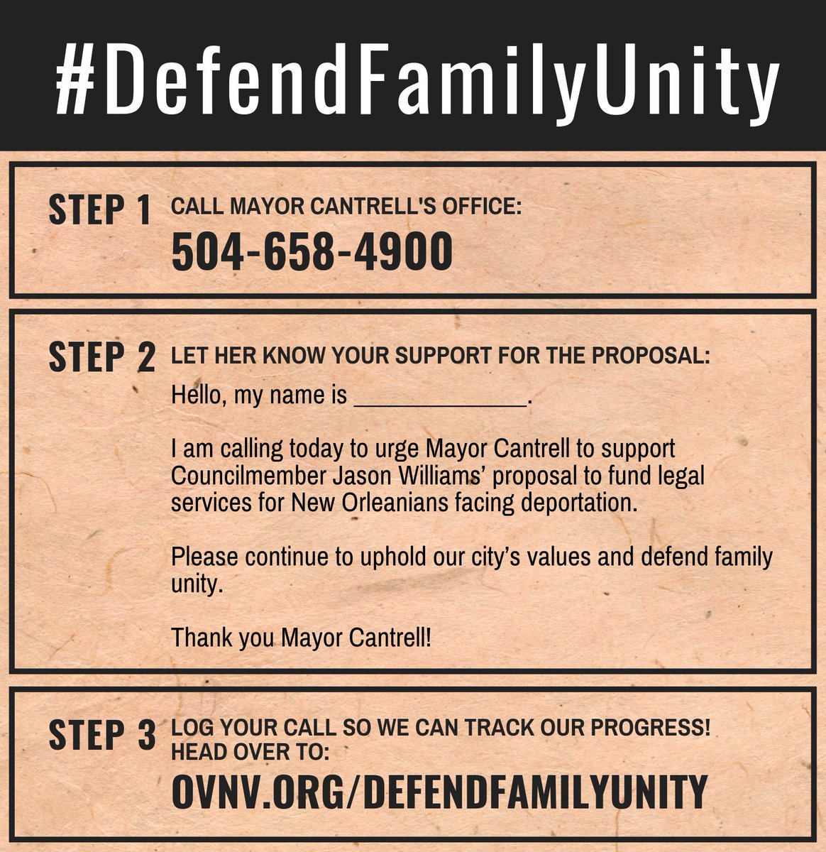 WeAreOVNV's tweet photo. Mayor Cantrell has the opportunity to protect all families by funding legal representation for people facing deportation. We are asking you to call and tell her that this is a priority for you. It’s easy! Just follow the steps bellow and help us #DefendFamilyUnity! https://t.co/IVF209FDYY