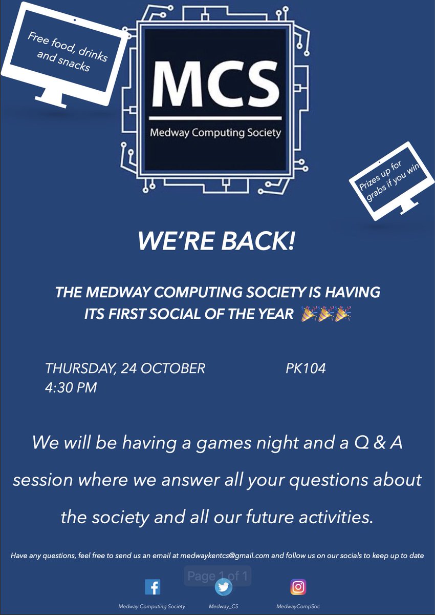 Who’s ready for our first event? The Medway Computing Society Meet &amp; Greet will take place on October 24 at 4:30pm in PK104