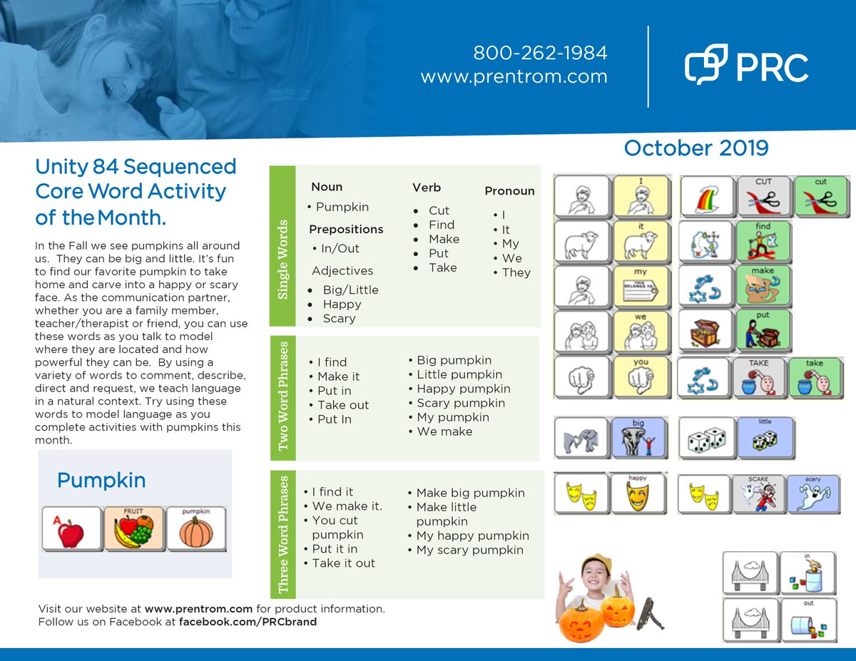 PRCSaltillo's tweet photo. In the Fall we see pumpkins all around us! It’s fun to find our favorite pumpkin and carve a happy or scary face into it. As the communication partner you can use these words as you talk to model where they are located. #AAC #OctoberActivity #PRC #CoreWords https://t.co/6cKdc72Z4h