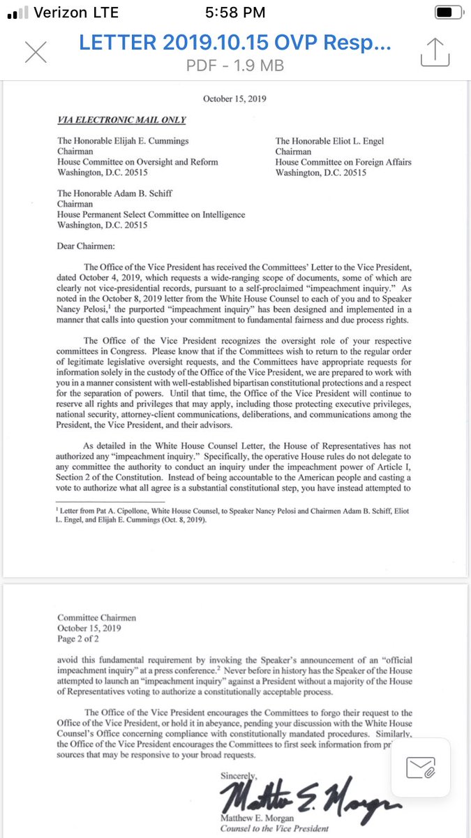 jeffmason1's tweet photo. .@VP declines to give documents to House committees pursuing impeachment inquiry. https://t.co/KlMbzUS9sV