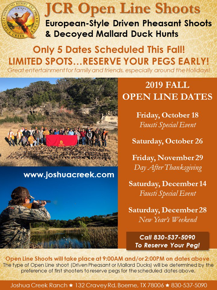 Joshua_Creek_'s tweet photo. Open Line Shoot Schedule for Fall 2019. Only 5 dates...reserve your pegs early! #drivenpheasant #mallardducks https://t.co/qgLVz4rRvy