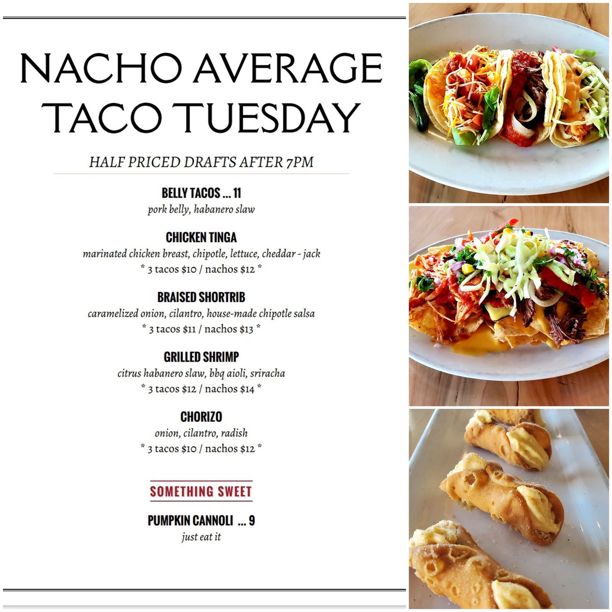 It's Nacho Average Taco Tuesday with Happy Hour food and drink specials until 7pm and half priced drafts after!
#tacotuesday #nachoaveragetacotuesday #tacos #nachos  #thechasseur #canton #cantonbaltimore #charmcity #charmcityeats #baltimoreeats #baltimore #foodporn #bestchef