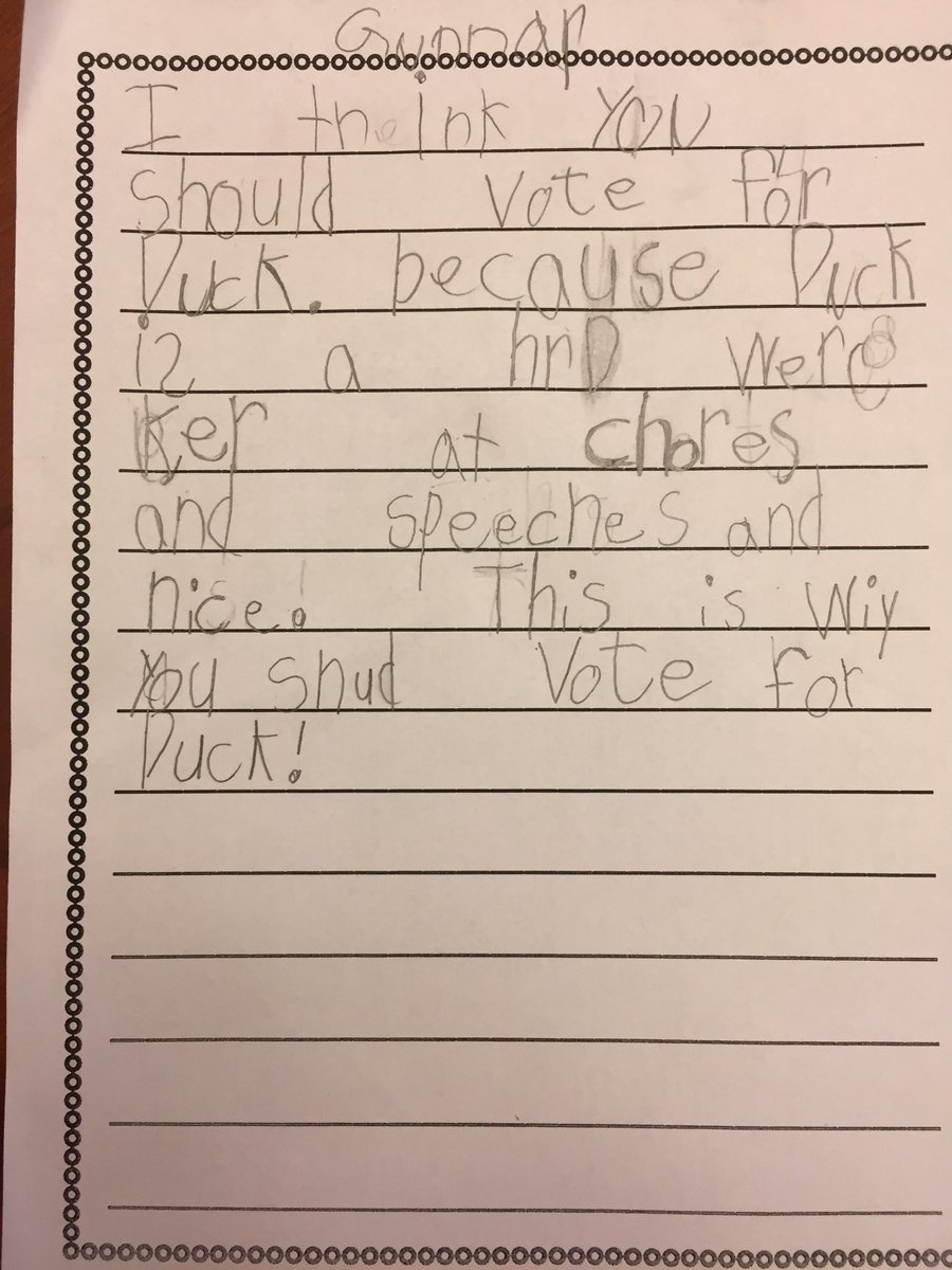 NSteeleTeaching's tweet photo. Who would you vote for? We created posters and then wrote our opinions. #TeamDuck #TeamMsGovenor #R2BR https://t.co/UWW54rG3OW