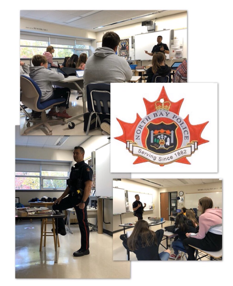 Thank you / Merci <a href="/NorthBayPolice/">North Bay Police</a>  school liaison officer CST Eric Krmpotic for speaking to grade 9 students today 👍🏻#beinfirmed #communitypolicing 🚓