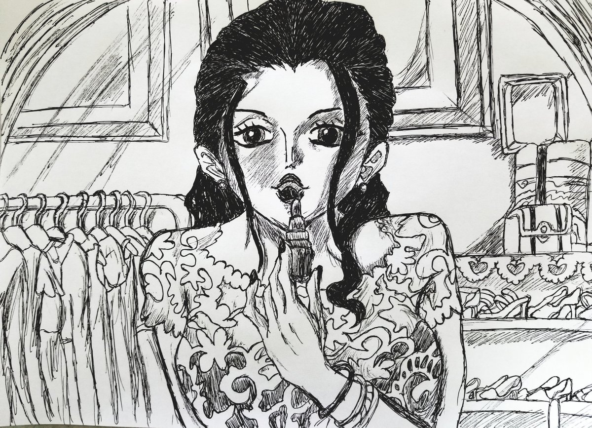 鏡の前でメイクするニコ ロビン ボールペン画 模写 ワンピース ニコ 10円船長の漫画