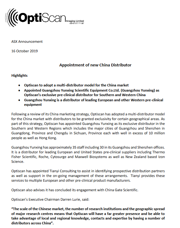 Optiscan_'s tweet photo. Appointment of new China distributor: https://t.co/vcBzSGQgWa

✅Appointed Guangzhou Yunxing as Optiscan's exclusive pre-clinical distributor for Southern and Western China. 

✅Guangzhou Yunxing is a distributor of leading European and other Western pre-clinical equipment. #ASX https://t.co/lYnXy22aYh