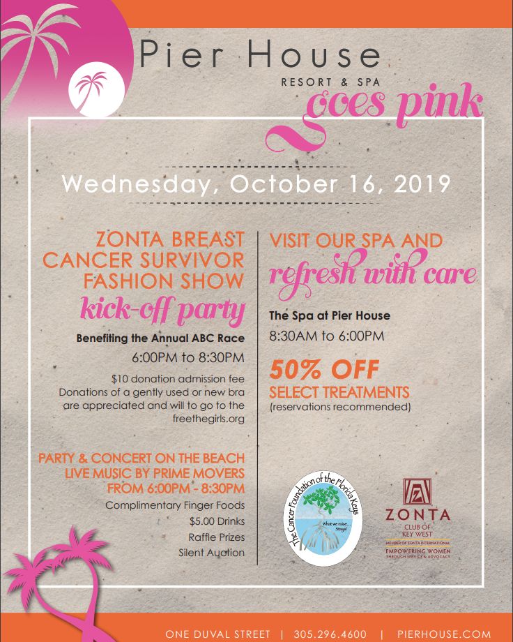 Pier House Goes Pink! Come join us tomorrow night for our Zonta Breast Cancer Fashion Show Kick-off Party from 6:00pm - 8:30pm on the Pier House beach for just a $10 donation fee. Many cool auction gifts, raffle prizes, and finger foods for the duration of the event.
