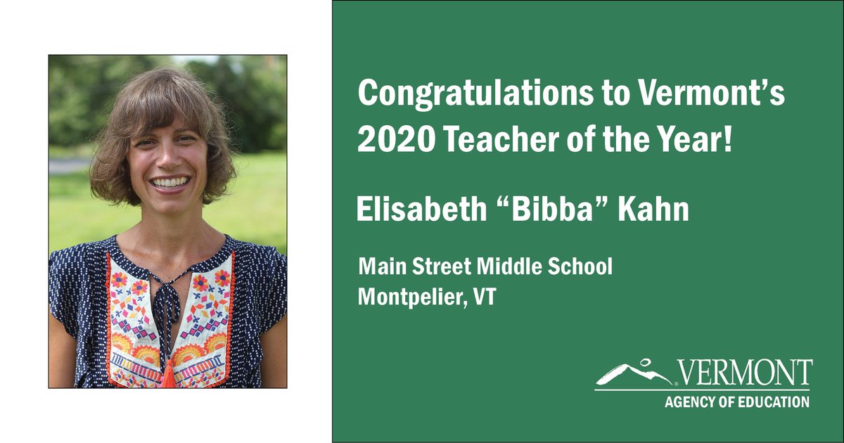 VTEducation's tweet photo. Congratulations to Vermont’s 2020 Teacher of the Year: Elisabeth “Bibba” Kahn of Main Street Middle School in Montpelier! @mrpsvt #VTTOY2020 https://t.co/pYpJnrs7u5