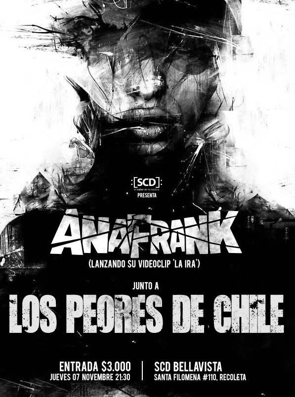 Imperdivel, para os amigos da RRN que estiver em novembro, na quinta-feira día 7.
Ana Frank, lancando seu video clip "La Ira" junto a Los Peores de Chile. Na Sala SCD Bellavista, Santa Filomena #110, Recoleta, Santiago.