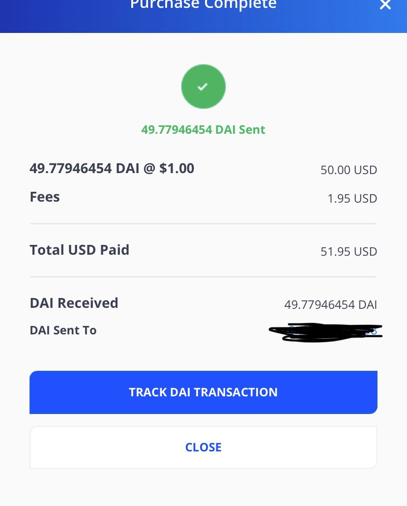 TrustlessState's tweet photo. Holy Hell! 

Just tried out @sendwyre’s new on-ramp. 

Purchased 49.8 Dai via Apple Pay, received it in my Ethereum wallet 2 minutes later. 

On-ramp to Ethereum is now under 2 minutes! The UX was so easy and simple. This is a huge move for crypto

2% cash back via Apple Pay too https://t.co/esczAMiE5i