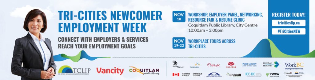 Workbc_langley's tweet photo. Save the Date! 
Newcomer Employment Week returns to the Tri-Cities November 18 to 22.
Start the week at Coquitlam Public Library on November 18th from 10am – 3pm with workshops, employer panels, resume clinics &amp; speed networking with employers.
https://t.co/f9J899QnuH 
@Vancity https://t.co/gxKy57PPAG