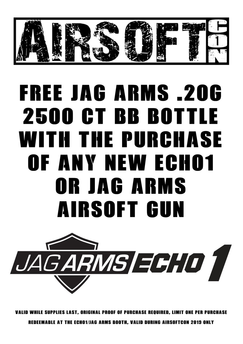 jag_precision's tweet image. With Airsoftcon right around the corner we're offering some epic deals to show attendees!

Get a free bottle of BBs with any Echo1 or Jag Arms purchase at Airsoftcon2019!

More deals will be posted later today! Stay Tuned!

#airsoftcon2019 #jagprecision #echo1 #jagarms #evike