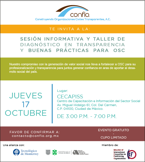 Confio_OSC's tweet photo. ¡Organizaciones de Ciudad de México! El próximo jueves 17 de octubre ofreceremos un taller de diagnóstico en transparencia y buenas prácticas en el Centro de Capacitación e Información del Sector Social (#Cecapiss), para las interesadas, la información completa está aquí abajo 👇 https://t.co/C8PCvbJcoE