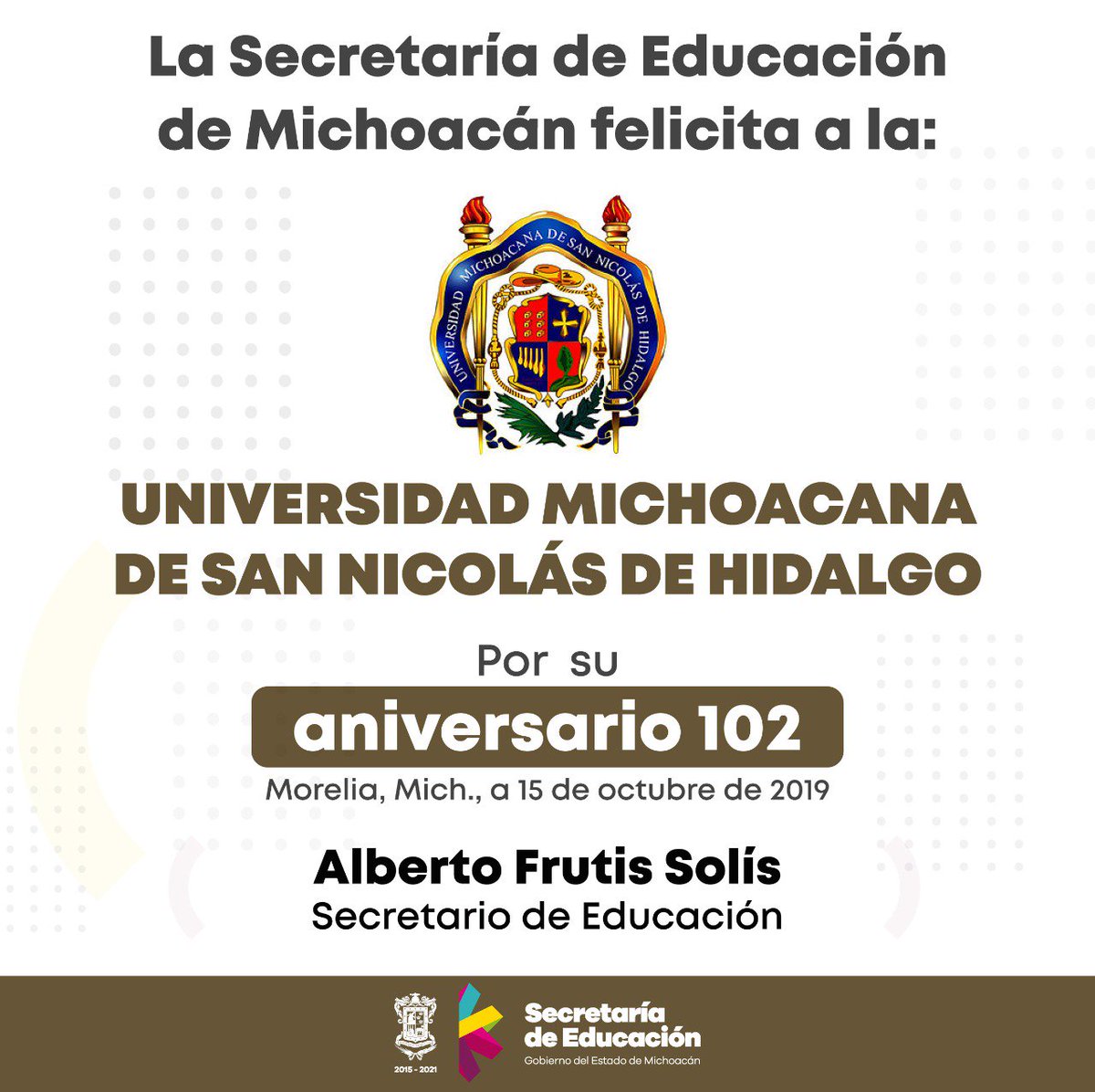 Educacion2_0's tweet photo. Nos sumamos al festejo 🥳 por el 102 aniversario de la @UMSNHOficial y felicitamos a esta magna Institución educativa en donde se formaron grandes héroes y en la cual se brinda educación a las futuras generaciones 👌. ¡Enhorabuena ✅! ¡Felicidades 👏! #HablemosdeEducación https://t.co/Uck7knnVog