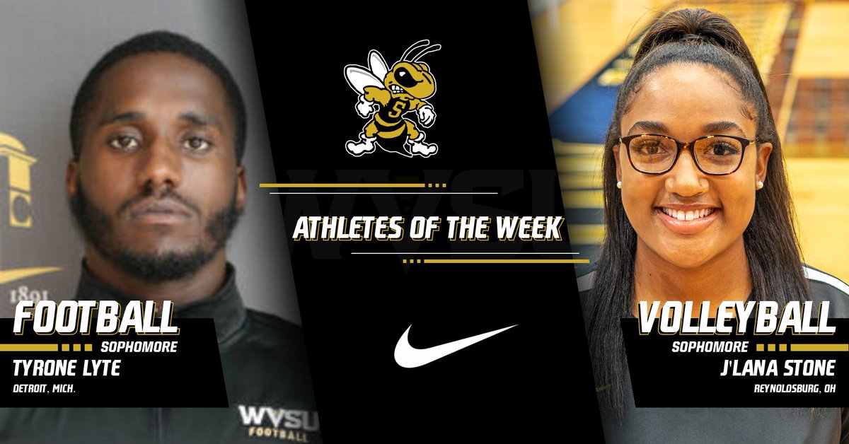 wvsuathletics's tweet photo. Congratulations to our Athletes of the Week, Tyrone Lyte (@WVStateFB) and J'Lana Stone (@wvsuvolleyball)! Lyte hauled in a career-high 112 receiving yards Saturday, while Stone lead the way with a .889 hitting percentage in Saturday's win over Glenville St. #JacketsAthletics https://t.co/W0CFj3XcRb