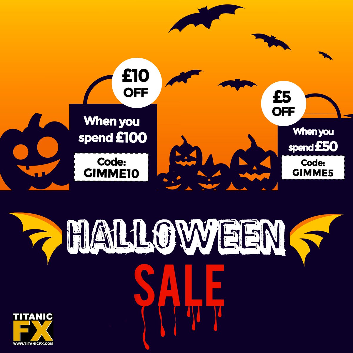 FxTitanic's tweet photo. Our Halloween Sale is BACK! 

Get £5 off when you spend £50 and £10 off when you spend £100!

Happy Halloweening!! 🎃

#sfxmakeup #titanixfx #makeup #discount https://t.co/LxPR1rhrHG