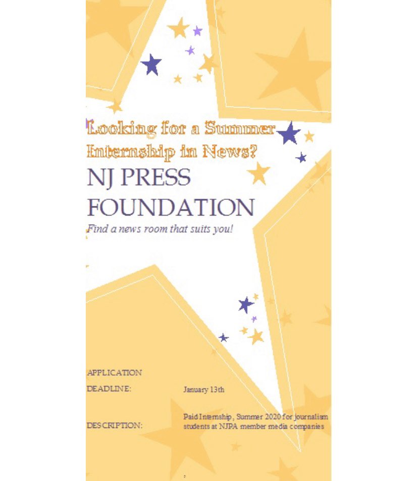 Are you a Communication student interested in journalism? 
Apply through NJ Press Foundation. They connect you to news rooms around New Jersey and place you at one for the Summer of 2020!
Application Link:
tinyurl.com/yxacapcx
#MakeYourMark #saintpetersuniversity