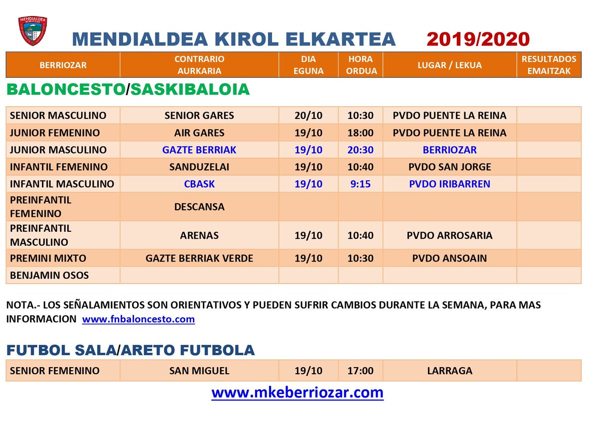 Este próximo fin de semana comienza la competición para nuestros equipos de escuela. Este es el señalamiento para esta primera jornada.