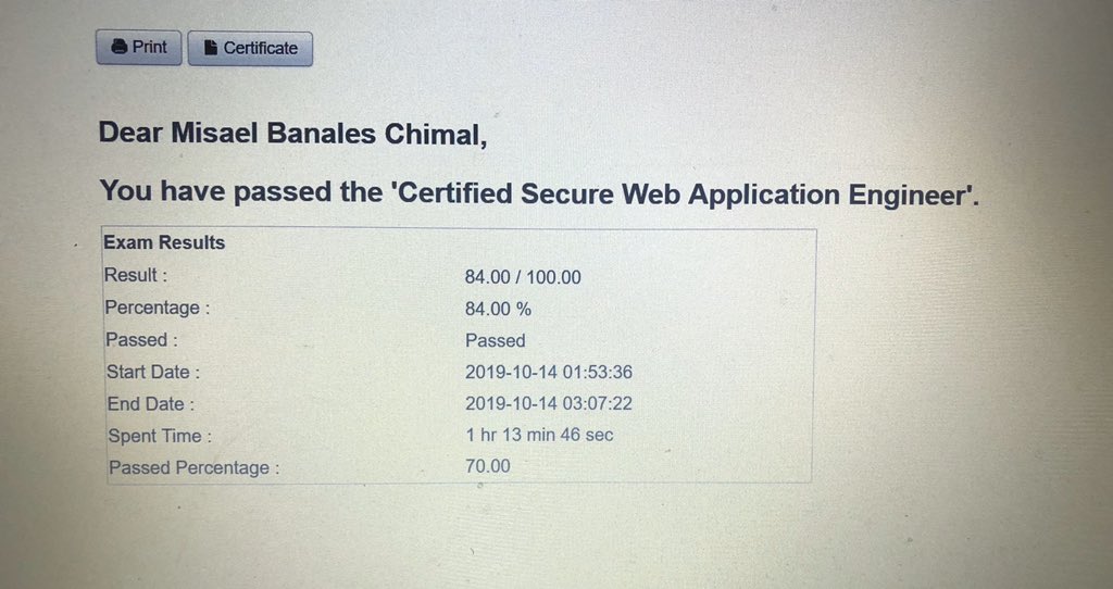 misaelban's tweet photo. My precious #CSWAE certificate is finally arrived. 😈💪🏻 @mile2 #hacking #InfoSecurity & #Pentesting #owasp https://t.co/JDwIZuQ45C