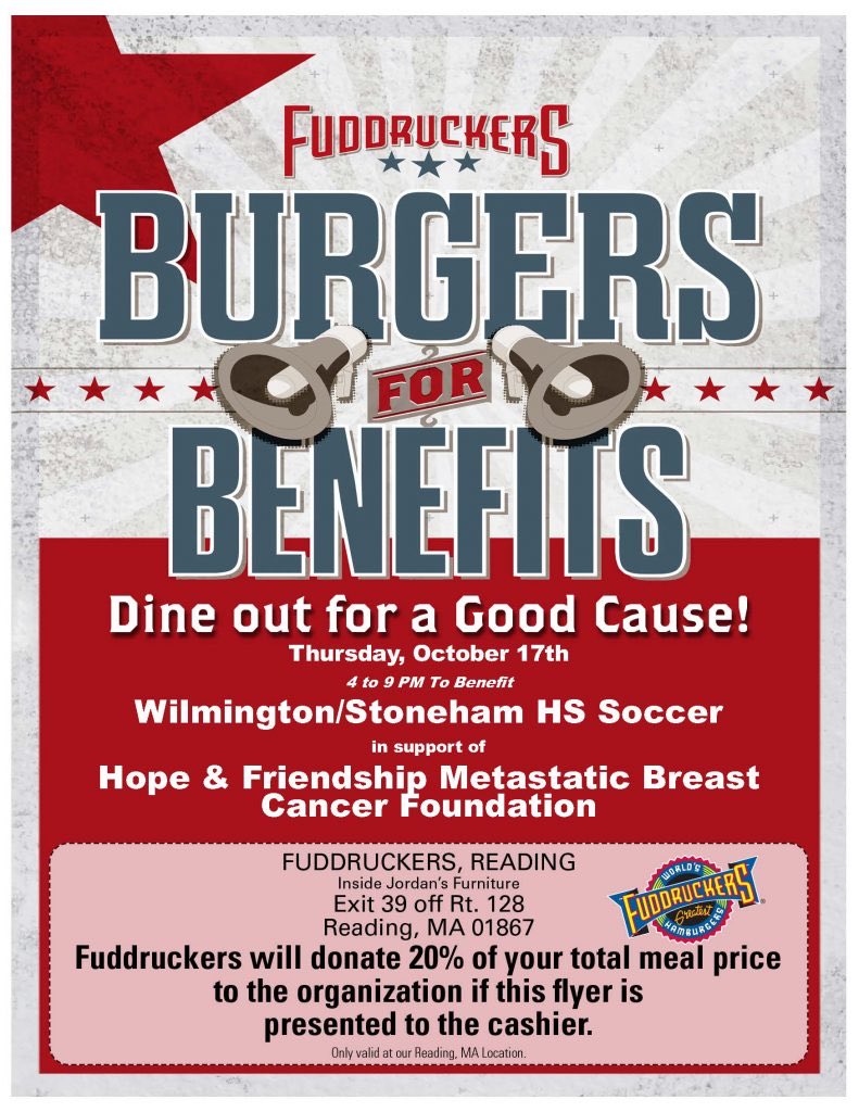WHSgvsoccer's tweet photo. Make sure to come to Fuddruckers in Reading this Thursday, October 17th, to benefit Wilmington and Stoneham HS soccer in support of Hope and Friendship Metastatic Breast Cancer Foundation! Be sure to show your cashier the flyer attached! ⚽️💖🎗🍔 https://t.co/IZmddThpuC