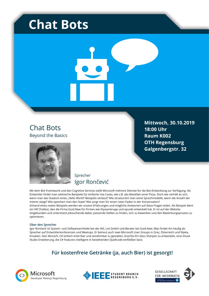 DeveloperMeetup's tweet image. Am 30.10.2019 begrüßen wir @ironcev_ mit dem Thema Chat Bots bei uns. Wir freuen uns auf euer kommen!

dotnetregensburg.github.io/2019/10/30/cha…