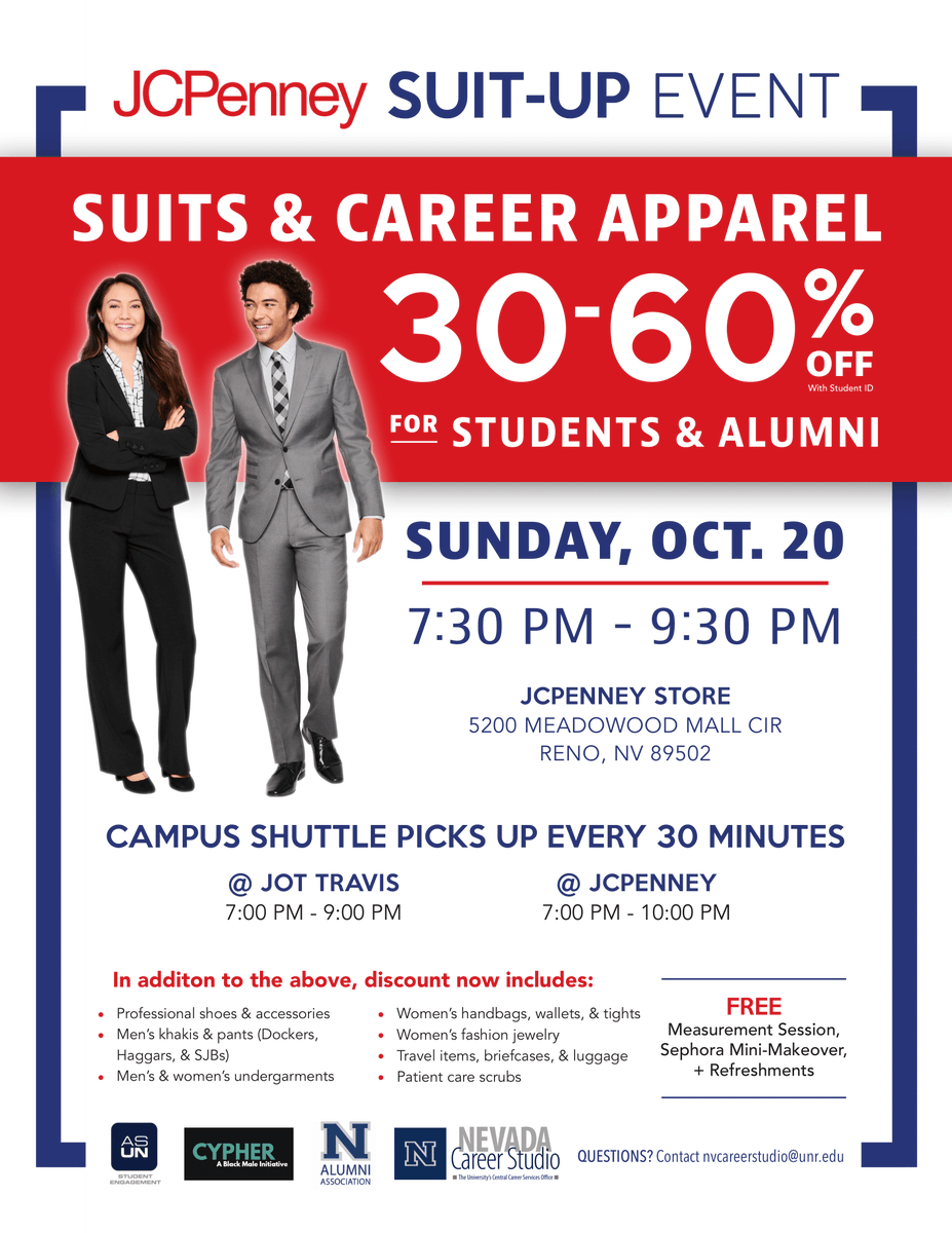 NVCareerStudio's tweet photo. Do you need professional wear at a low-cost? Do you not have any transportation to the mall? Don't worry this Sunday is the JCPenney Suit-Up Event from 7:30-9:30 at Meadowood Mall! Campus shuttles will pick people up every 30 minutes @ Jot Travis from 7-9. BRING YOUR WOLFCARD https://t.co/sepgRBdgY8